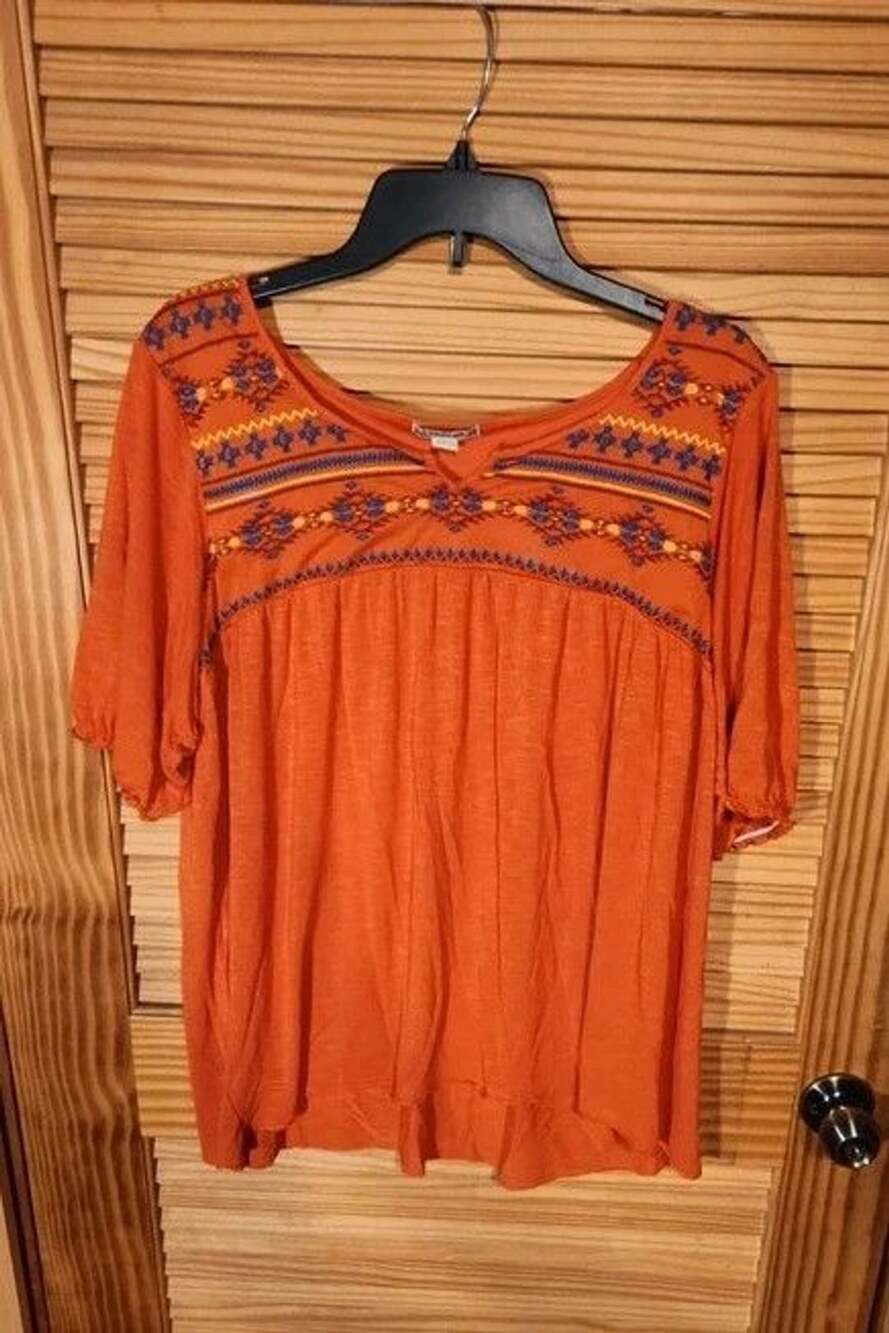 Y2k Energé Women's Plus Size 1X Burnt Orange Embroidered Boho Peasant Blouse